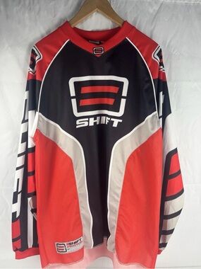 Vintage Shift Racing long-sleeve motocross jersey in red, black, white. 1990’s